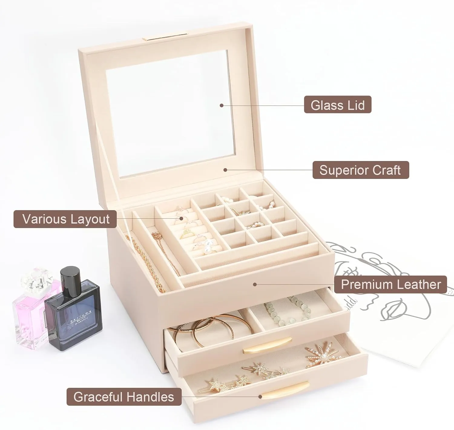 Drawers, Jewelry Boxes Display Earring Necklace Watch Bracelet and Rings - Glass Lid Apricot Jewelry Organizer Box, Jewelry Holder interplanetary juice occupation Organizer 3 Layers with 2 