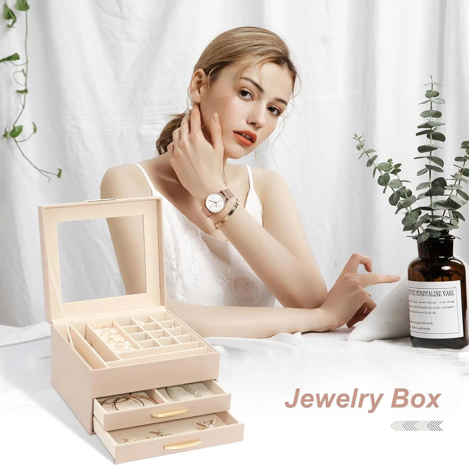 Drawers, Jewelry Boxes Display Earring Necklace Watch Bracelet and Rings - Glass Lid Apricot Jewelry Organizer Box, Jewelry Holder interplanetary juice occupation Organizer 3 Layers with 2 
