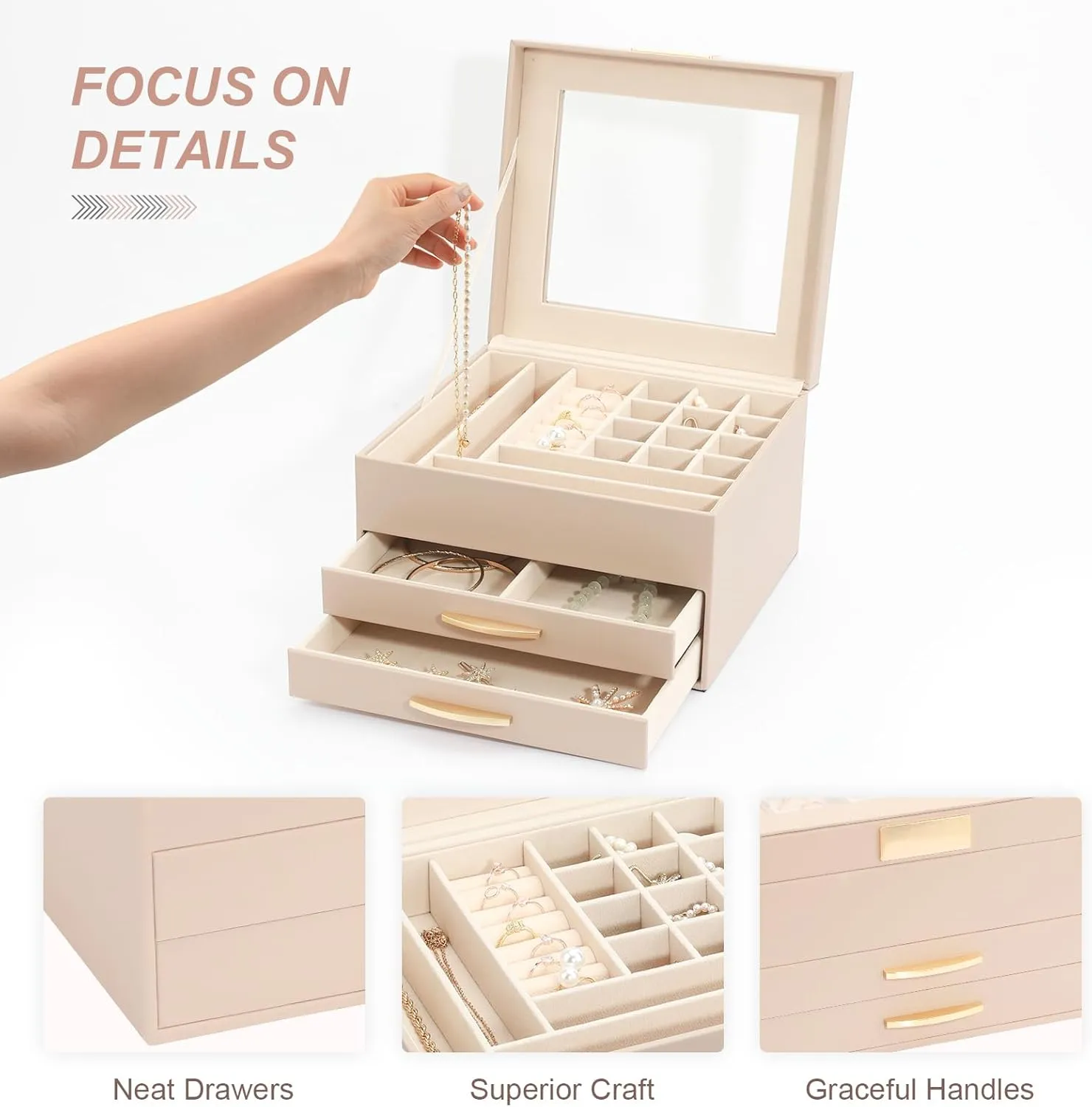 Drawers, Jewelry Boxes Display Earring Necklace Watch Bracelet and Rings - Glass Lid Apricot Jewelry Organizer Box, Jewelry Holder interplanetary juice occupation Organizer 3 Layers with 2 