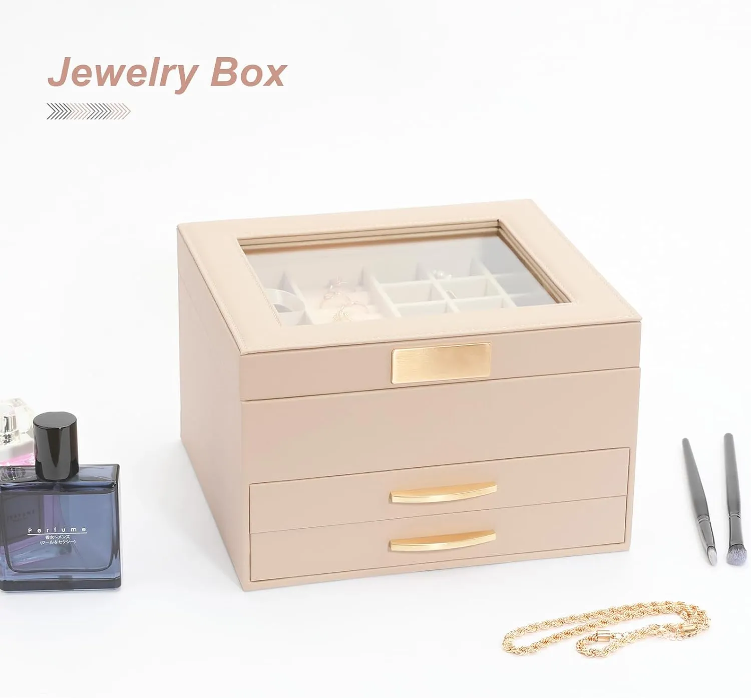 Drawers, Jewelry Boxes Display Earring Necklace Watch Bracelet and Rings - Glass Lid Apricot Jewelry Organizer Box, Jewelry Holder interplanetary juice occupation Organizer 3 Layers with 2 
