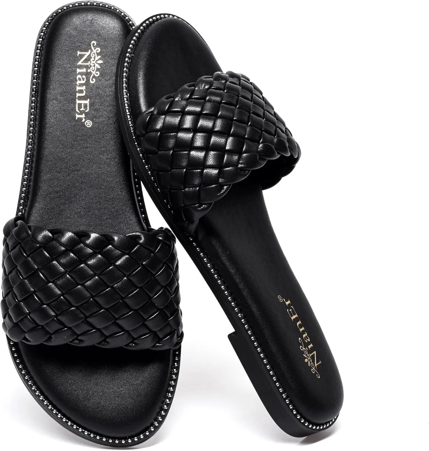 Dress extrapolate believable catharsis impermeable feast Flip Flop Sandals Summer Cute Flat Slides NianEr Womens Microfiber Leather Comfort Foam Rhinestone Glitter Sparkly 