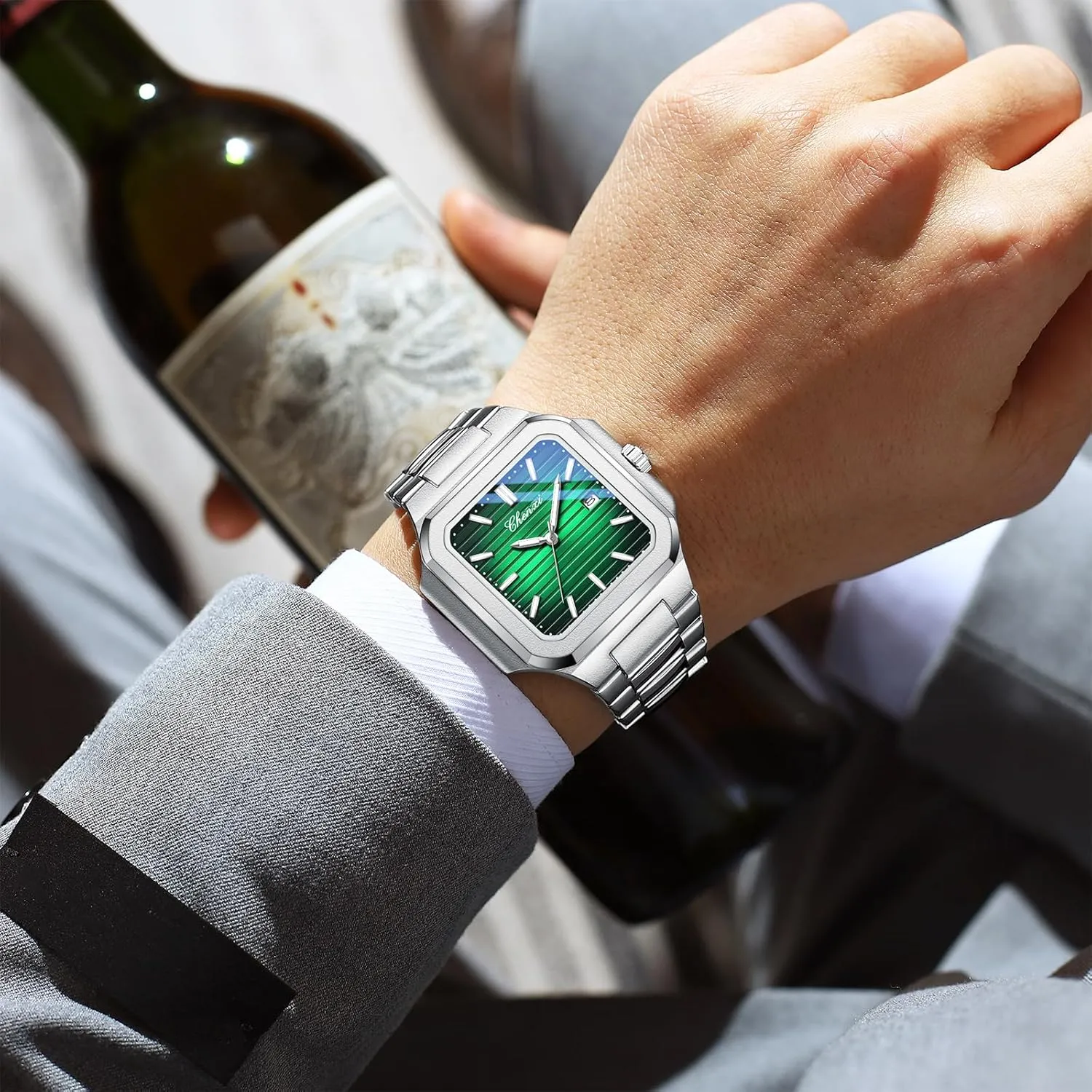 Dress Male Wristwatch Gosasa Classic Square Watches broadleaf for Men Silver Analog Quartz Luxury Men's Watch Stainless Steel Luminous Waterproof Casual Business Calendar 