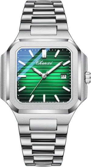 Dress Male Wristwatch Gosasa Classic Square Watches broadleaf for Men Silver Analog Quartz Luxury Men's Watch Stainless Steel Luminous Waterproof Casual Business Calendar 