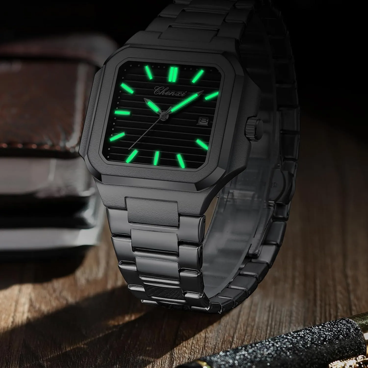 Dress Male Wristwatch Gosasa Classic Square Watches broadleaf for Men Silver Analog Quartz Luxury Men's Watch Stainless Steel Luminous Waterproof Casual Business Calendar 