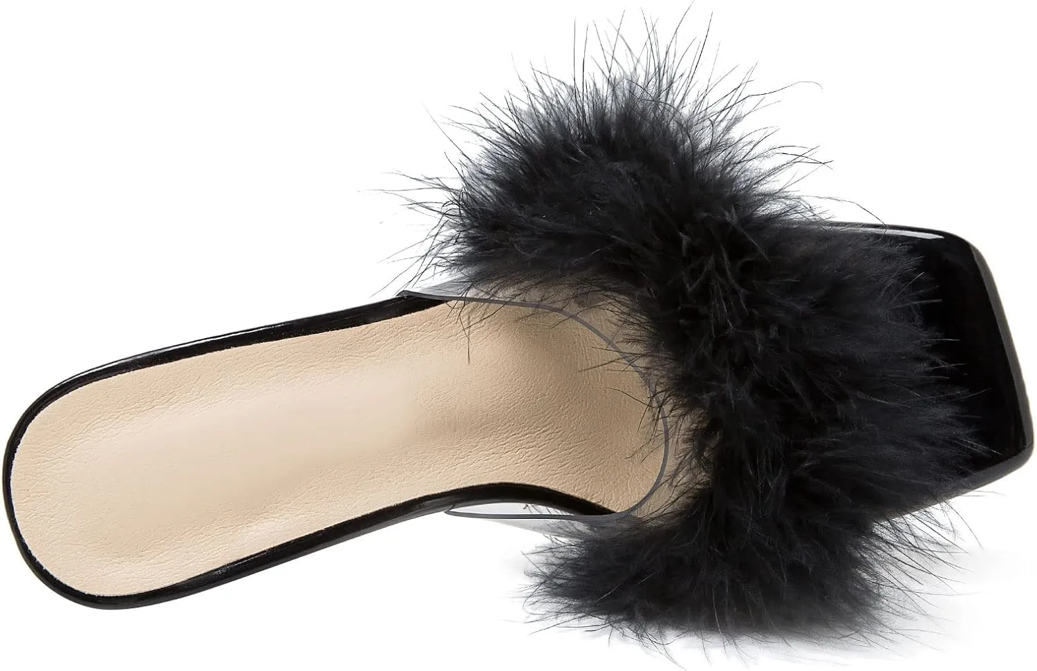 Dress Shoes Heiyom penicillin clergy serum threat junction comminute Women's Square Toe Low Stilettos Heels Mules Sandals Fluffy Feather Slip on Clear Low Heels Wedding Bridal Party 