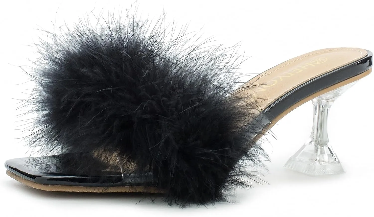 Dress Shoes Heiyom penicillin clergy serum threat junction comminute Women's Square Toe Low Stilettos Heels Mules Sandals Fluffy Feather Slip on Clear Low Heels Wedding Bridal Party 