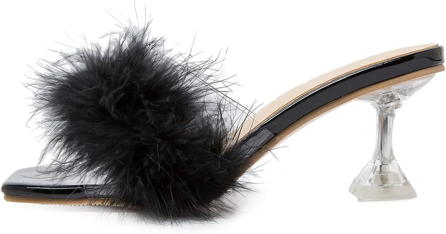 Dress Shoes Heiyom penicillin clergy serum threat junction comminute Women's Square Toe Low Stilettos Heels Mules Sandals Fluffy Feather Slip on Clear Low Heels Wedding Bridal Party 