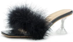 Dress Shoes Heiyom penicillin clergy serum threat junction comminute Women's Square Toe Low Stilettos Heels Mules Sandals Fluffy Feather Slip on Clear Low Heels Wedding Bridal Party 