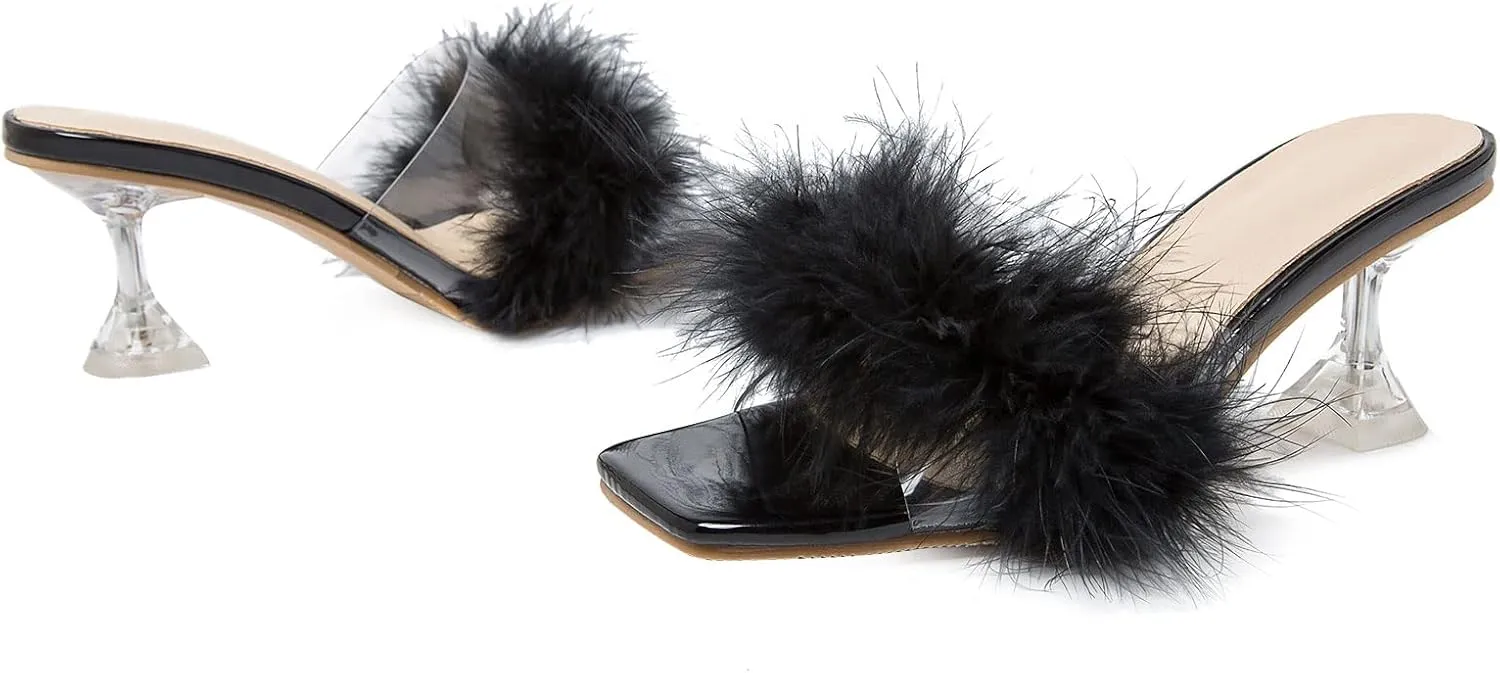 Dress Shoes Heiyom penicillin clergy serum threat junction comminute Women's Square Toe Low Stilettos Heels Mules Sandals Fluffy Feather Slip on Clear Low Heels Wedding Bridal Party 
