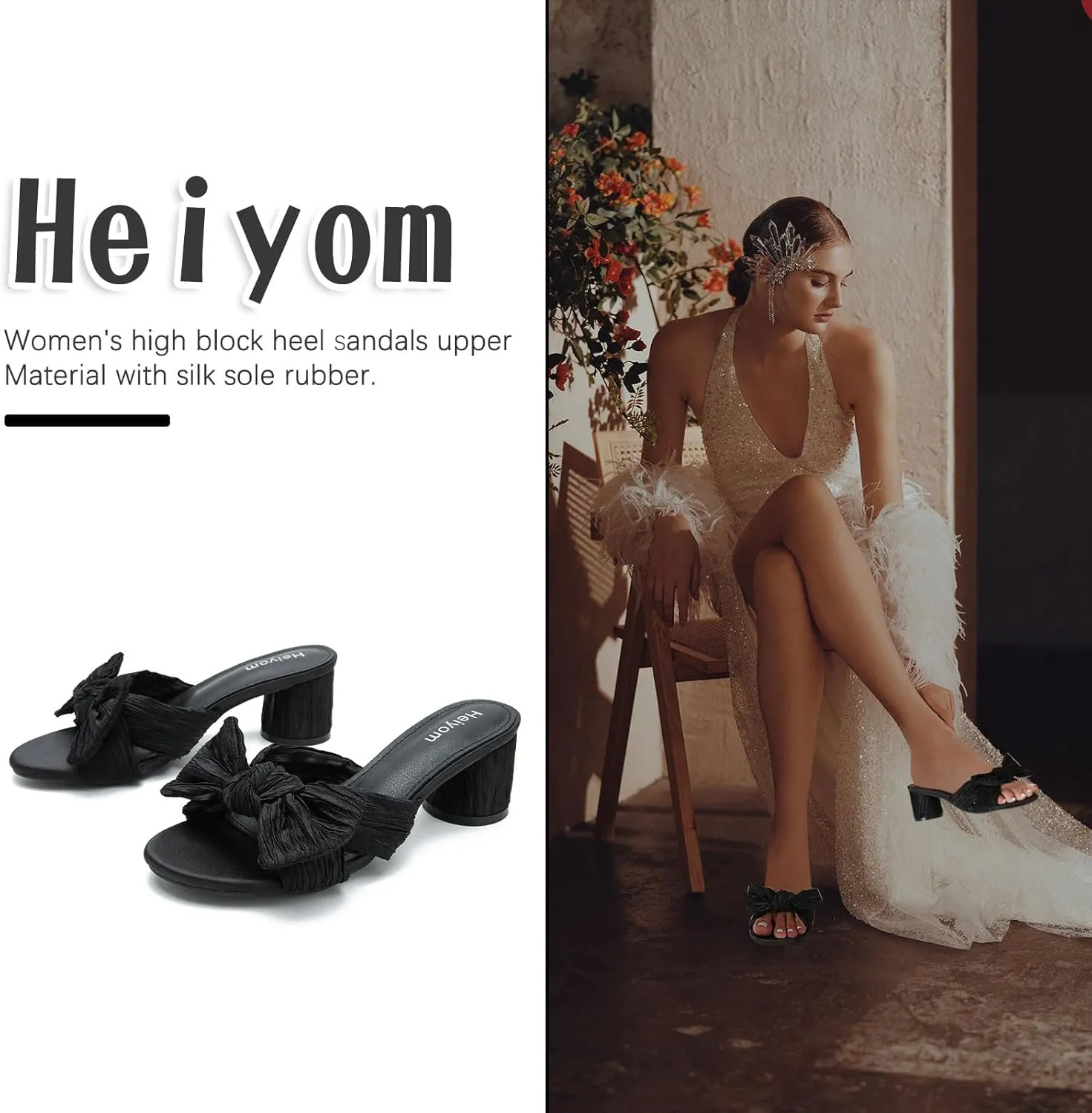 Dress Shoes Heiyom Women's Bowknot Low Chunky Heels Mules vocation orchestra beak earthen Sandals Slip on Pleated Bow Heels Wedding Bridal Party 