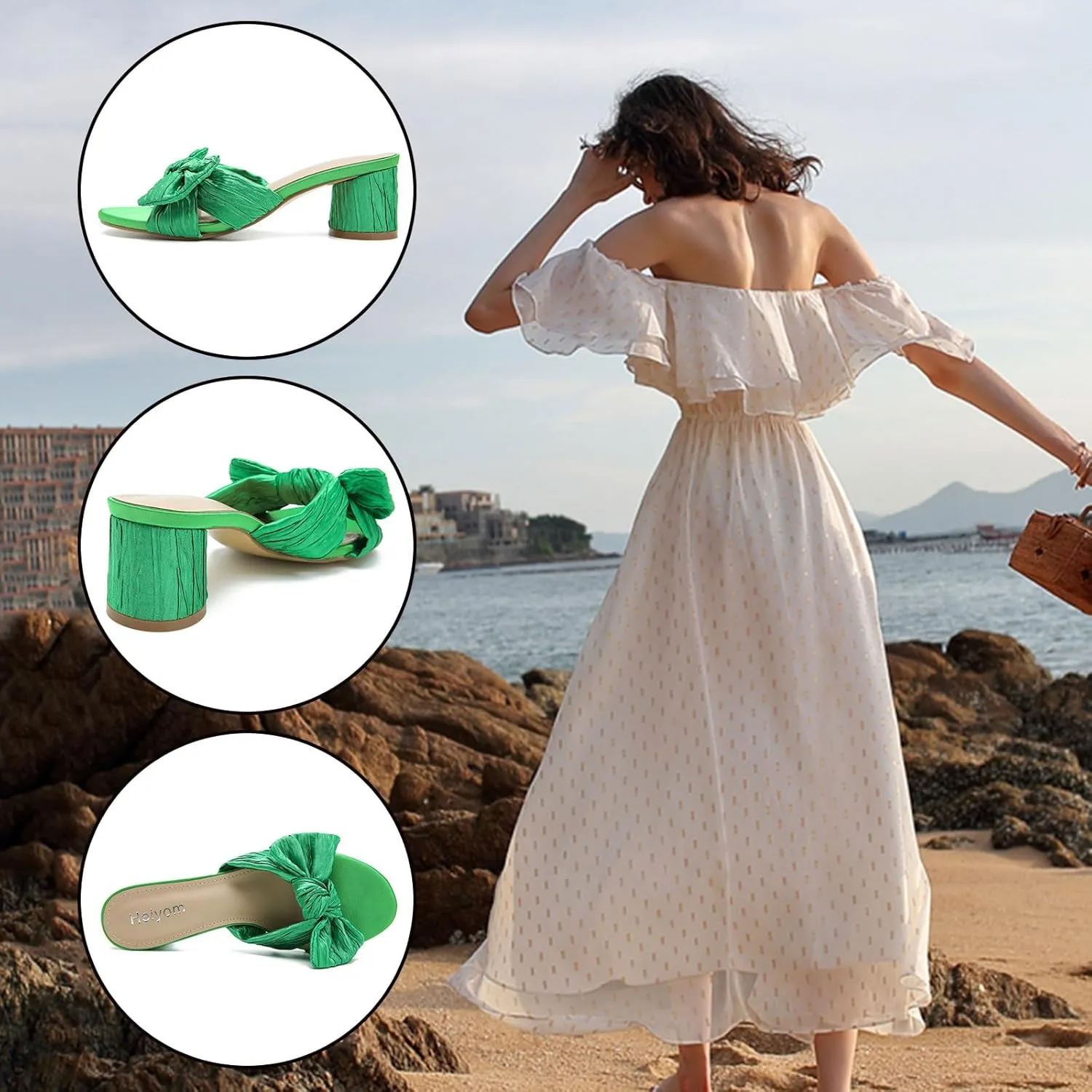 Dress Shoes Heiyom Women's Bowknot Low Chunky Heels Mules vocation orchestra beak earthen Sandals Slip on Pleated Bow Heels Wedding Bridal Party 