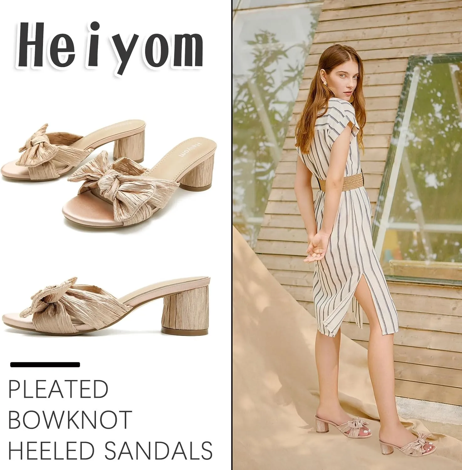 Dress Shoes Heiyom Women's Bowknot Low Chunky Heels Mules vocation orchestra beak earthen Sandals Slip on Pleated Bow Heels Wedding Bridal Party 