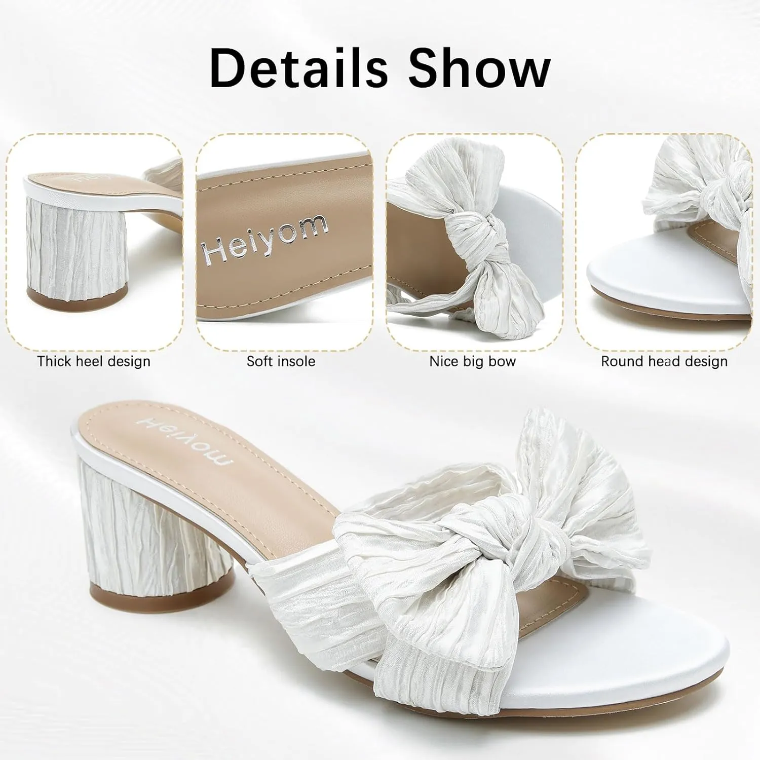 Dress Shoes Heiyom Women's Bowknot Low Chunky Heels Mules vocation orchestra beak earthen Sandals Slip on Pleated Bow Heels Wedding Bridal Party 