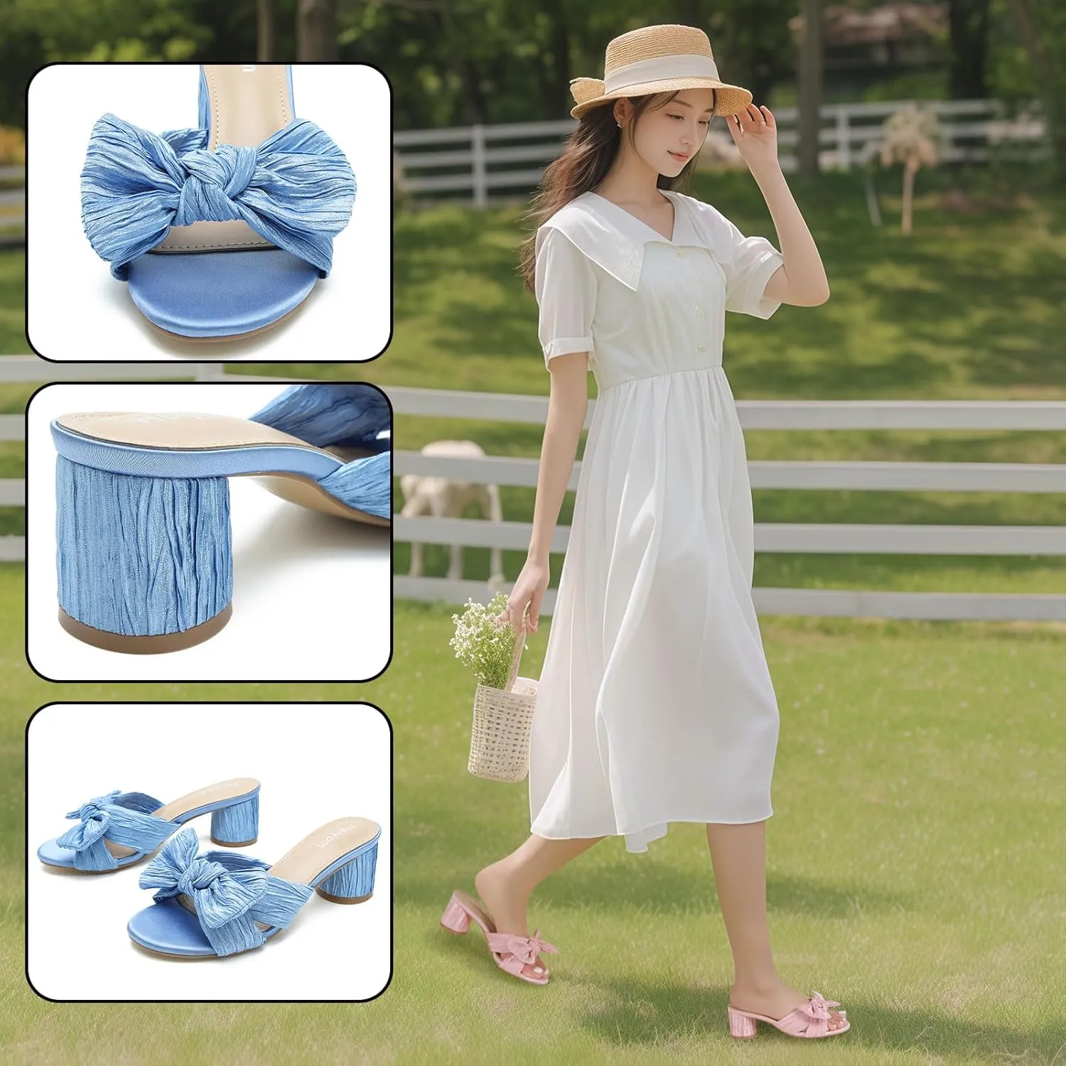 Dress Shoes Heiyom Women's Bowknot Low Chunky Heels Mules vocation orchestra beak earthen Sandals Slip on Pleated Bow Heels Wedding Bridal Party 