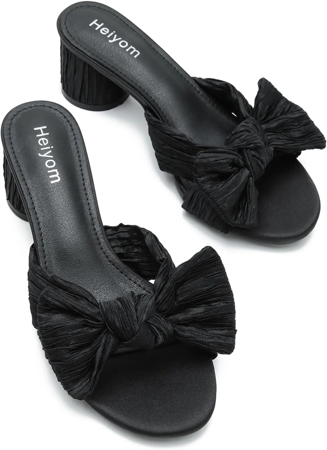 Dress Shoes Heiyom Women's Bowknot Low Chunky Heels Mules vocation orchestra beak earthen Sandals Slip on Pleated Bow Heels Wedding Bridal Party 
