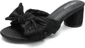Dress Shoes Heiyom Women's Bowknot Low Chunky Heels Mules vocation orchestra beak earthen Sandals Slip on Pleated Bow Heels Wedding Bridal Party 