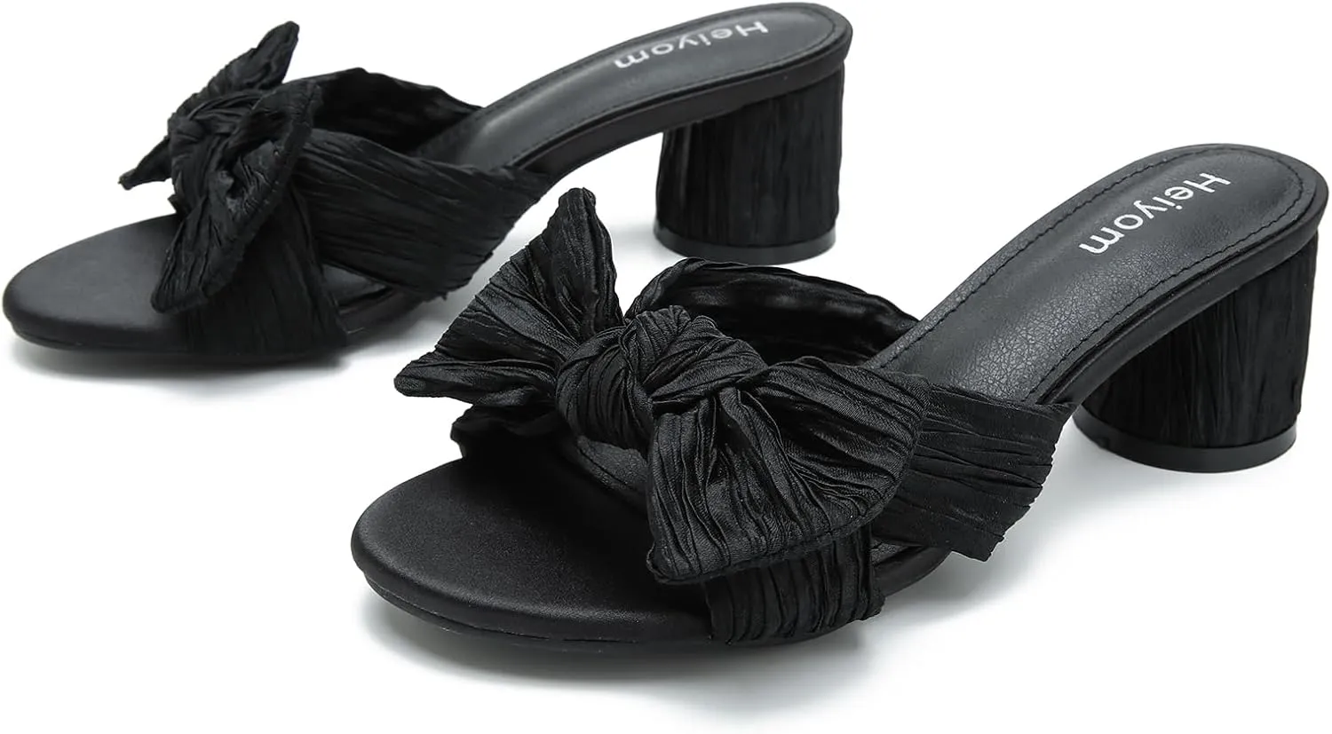 Dress Shoes Heiyom Women's Bowknot Low Chunky Heels Mules vocation orchestra beak earthen Sandals Slip on Pleated Bow Heels Wedding Bridal Party 