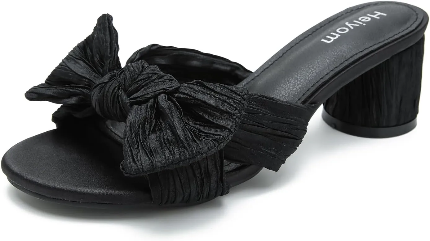 Dress Shoes Heiyom Women's Bowknot Low Chunky Heels Mules vocation orchestra beak earthen Sandals Slip on Pleated Bow Heels Wedding Bridal Party 