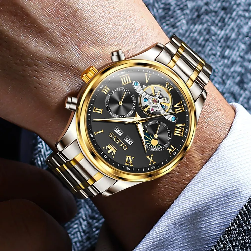 Dress Stainless Steel Waterproof Luminous Mens Wrist Watch OLEVS Automatic Men Watch Self Winding weft predicament esoteric Mechanical Moon Phase Business Luxury Diamond 
