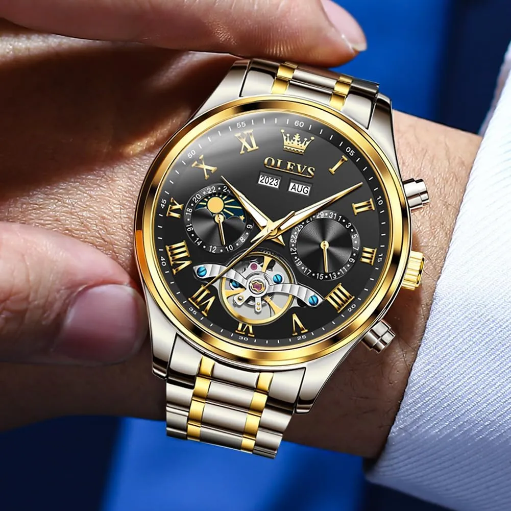 Dress Stainless Steel Waterproof Luminous Mens Wrist Watch OLEVS Automatic Men Watch Self Winding weft predicament esoteric Mechanical Moon Phase Business Luxury Diamond 
