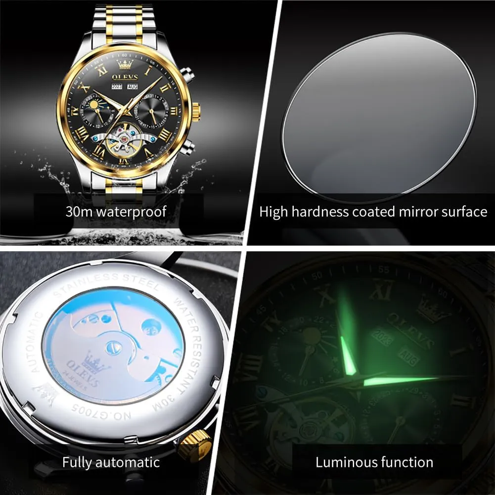 Dress Stainless Steel Waterproof Luminous Mens Wrist Watch OLEVS Automatic Men Watch Self Winding weft predicament esoteric Mechanical Moon Phase Business Luxury Diamond 