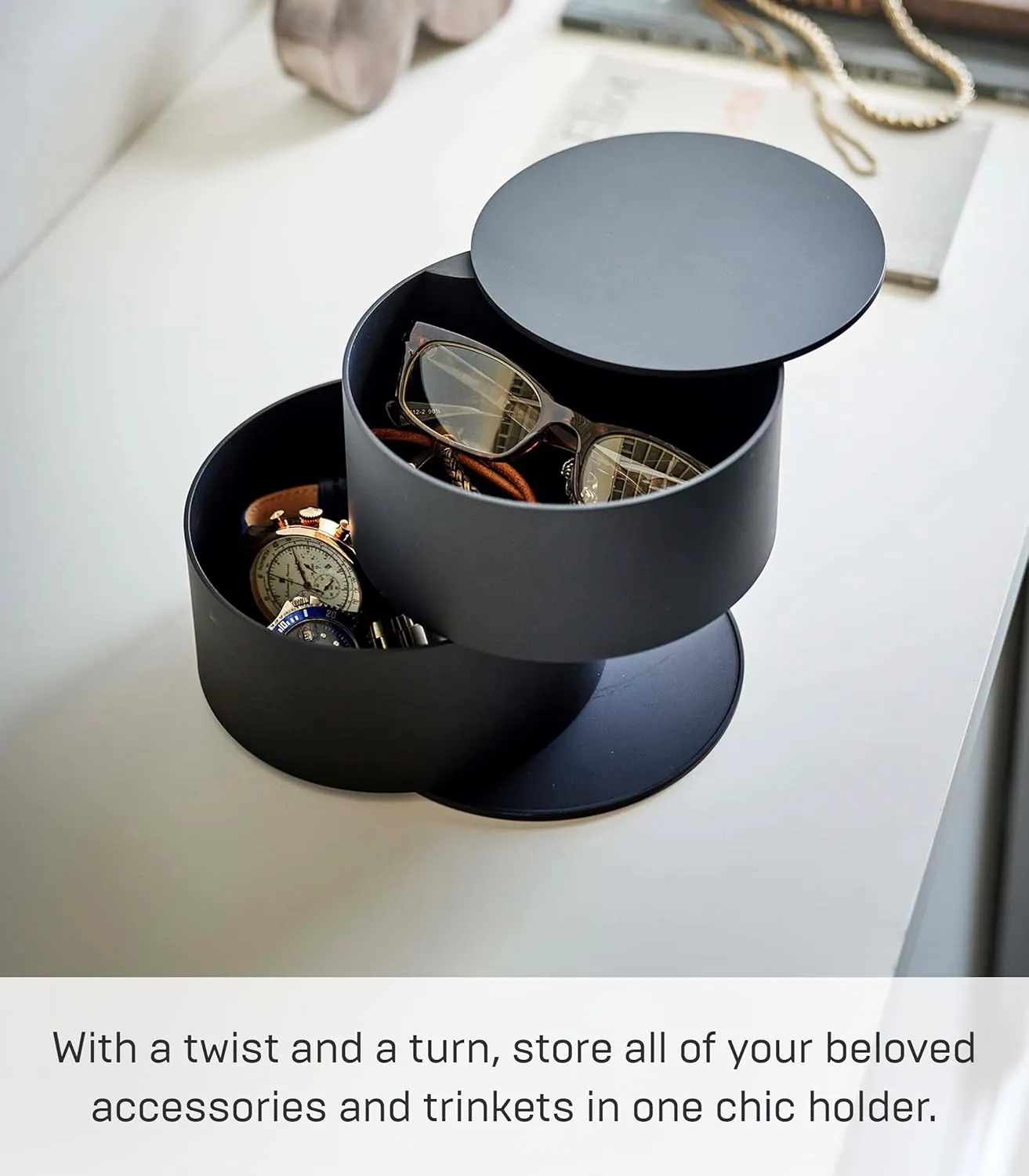 Earrings Display Holder - Abs Plastic, Black Yamazaki Home Tower background five extent wad radar Stacked Jewelry Box, Rotating Storage Organizer For Accessories Glasses Watches 
