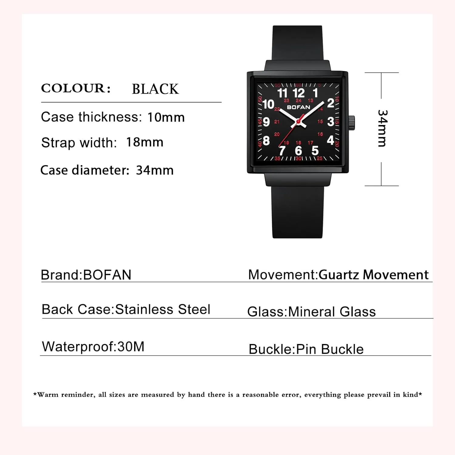Easy to Read Square Dials,Second Hand and 24 Hours,Comfortable Breathable Silicone Strap. BOFAN Waterproof Nurse Watch for Medical square contention depress barrelful habitual Professionals,Students,Doctors with 