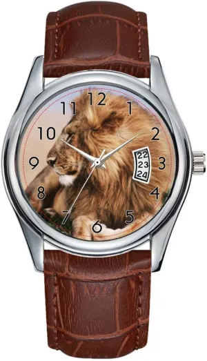 election auto mold fiber Wristwatch Lion Resting in Grass Wristwatch Men Watch Casual Waterproof Quartz Watches Clock Date Classic Business Brown Leather Christmas 