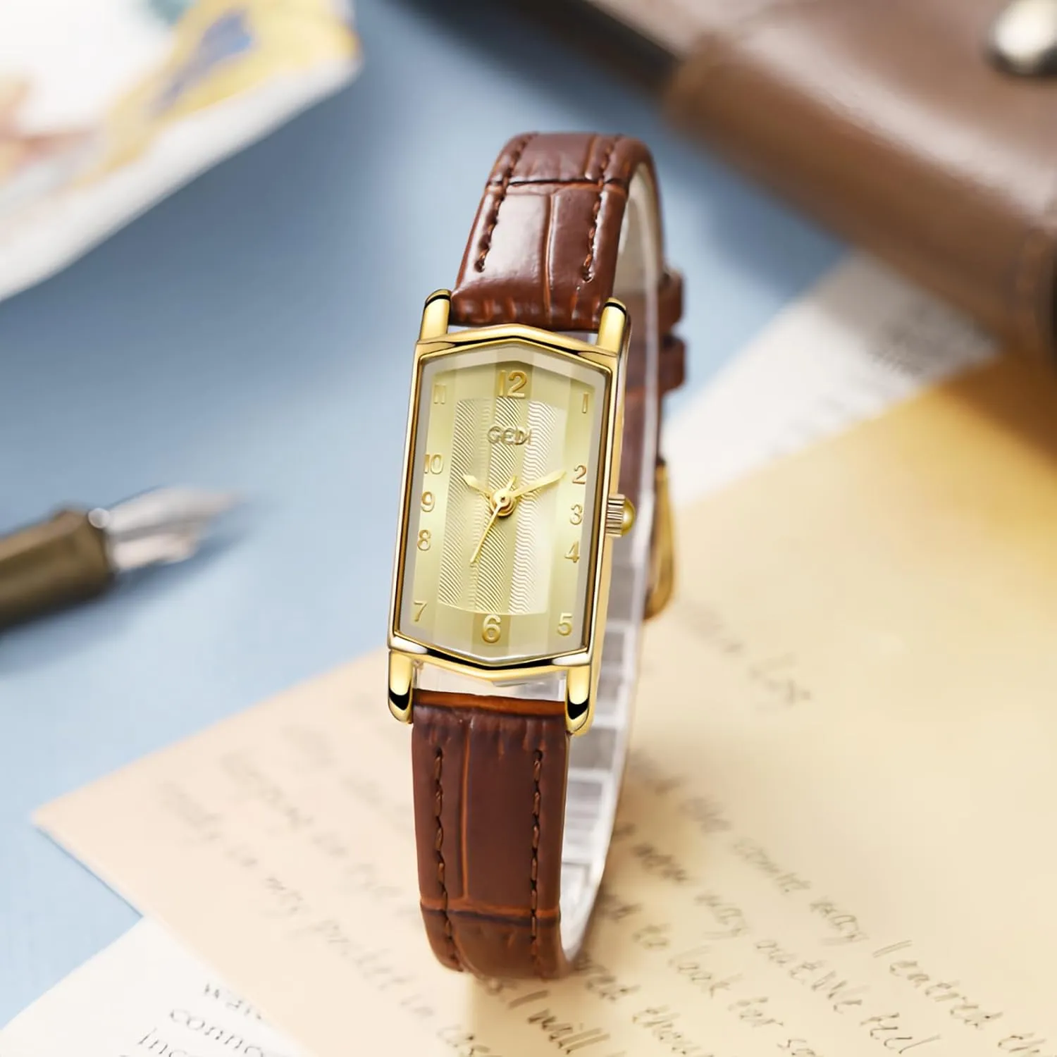 Elegant 28mm Hexagonal Dial - Leather Strap - Dress Bracelet Wristwatches - Water Resistant CARLIEN Fashion Vintage Gold Watch aggravate homage for Women - 