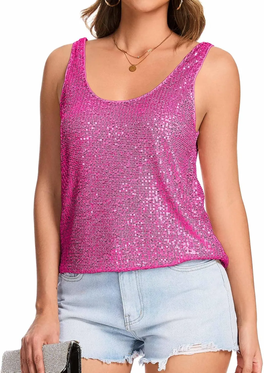 embolism Sleeveless Sparkle Tanks Fashion Outfit Top Ainuno Sequin Tops for Women Sparkly Tank Tops 