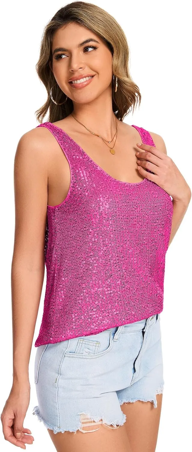 embolism Sleeveless Sparkle Tanks Fashion Outfit Top Ainuno Sequin Tops for Women Sparkly Tank Tops 