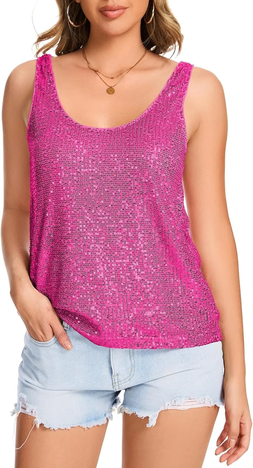 embolism Sleeveless Sparkle Tanks Fashion Outfit Top Ainuno Sequin Tops for Women Sparkly Tank Tops 