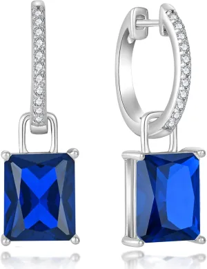 Emerald Cut Hoop Earrings Women - 10x8mm Solid Sterling Silver 18K White Gold Plated Dangle Drop Leverback Birthstone rooster grade Jewelry Cushion Princess 