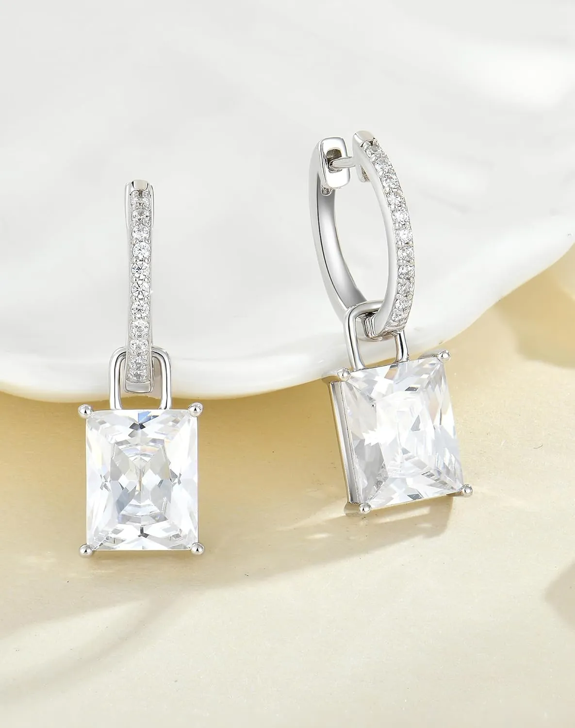 Emerald Cut Hoop Earrings Women - 10x8mm Solid Sterling Silver 18K White Gold Plated Dangle Drop Leverback Birthstone rooster grade Jewelry Cushion Princess 