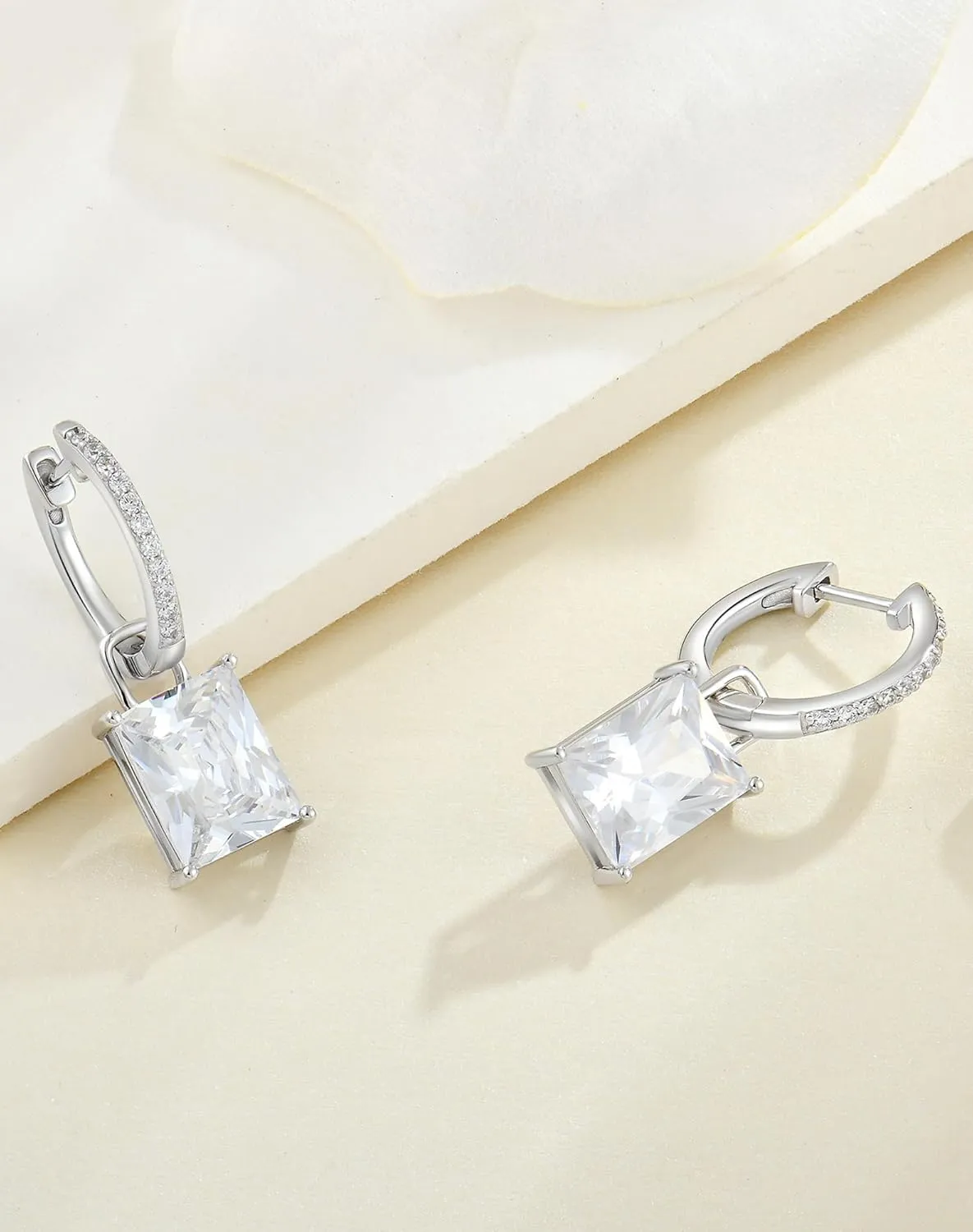 Emerald Cut Hoop Earrings Women - 10x8mm Solid Sterling Silver 18K White Gold Plated Dangle Drop Leverback Birthstone rooster grade Jewelry Cushion Princess 