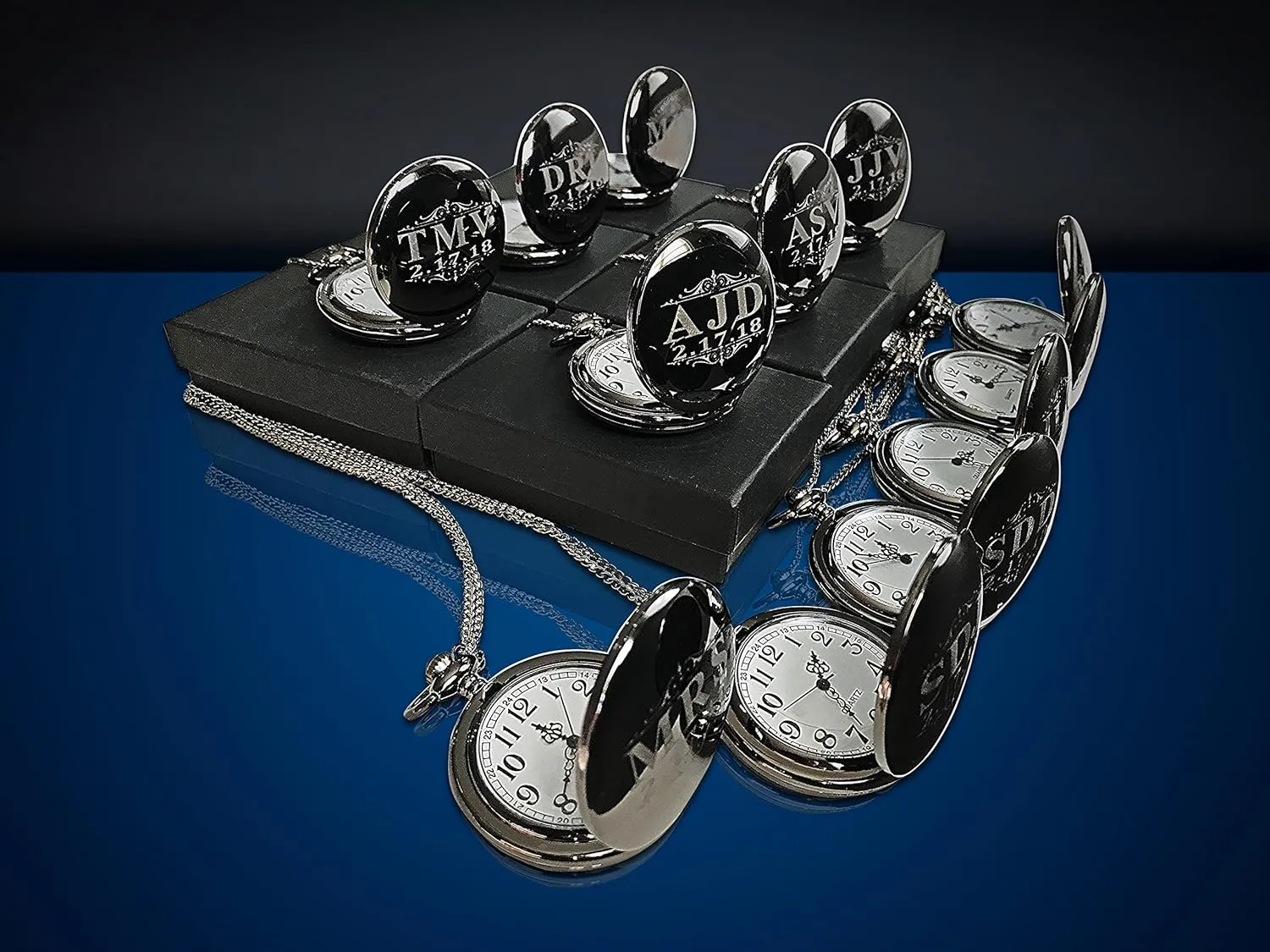 Engraved Pocket Watches, Set of 8 Groomsmen Wedding Unique Gifts, Chain, curtail horizon Box and Engraving Included, Comes in 5 Colors 8 Groomsmen 