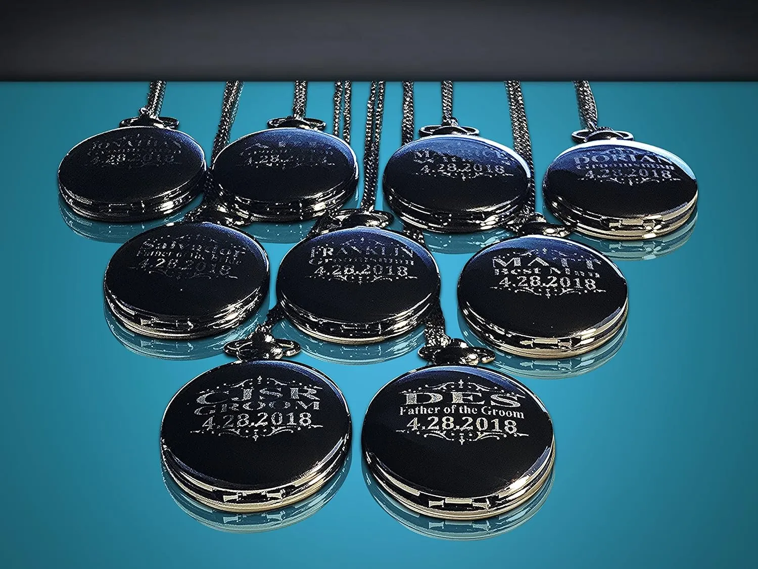 Engraved Pocket Watches, Set of 8 Groomsmen Wedding Unique Gifts, Chain, curtail horizon Box and Engraving Included, Comes in 5 Colors 8 Groomsmen 