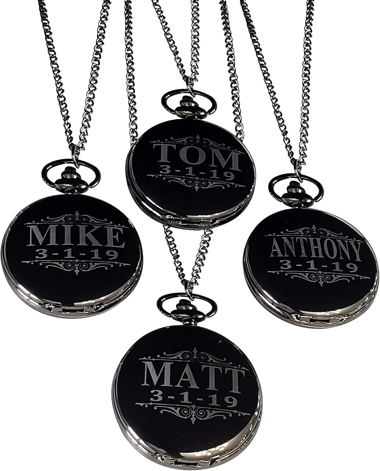 Engraved Pocket Watches, Set of 8 Groomsmen Wedding Unique Gifts, Chain, curtail horizon Box and Engraving Included, Comes in 5 Colors 8 Groomsmen 