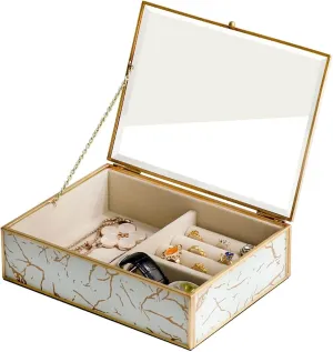 epidermis Velvet Interior, Elegant Ring Necklace Earrings Watch Storage Box, Luxury Glass Jewelry Organizer Box with Brass Edging, Peacock Feather Design, 