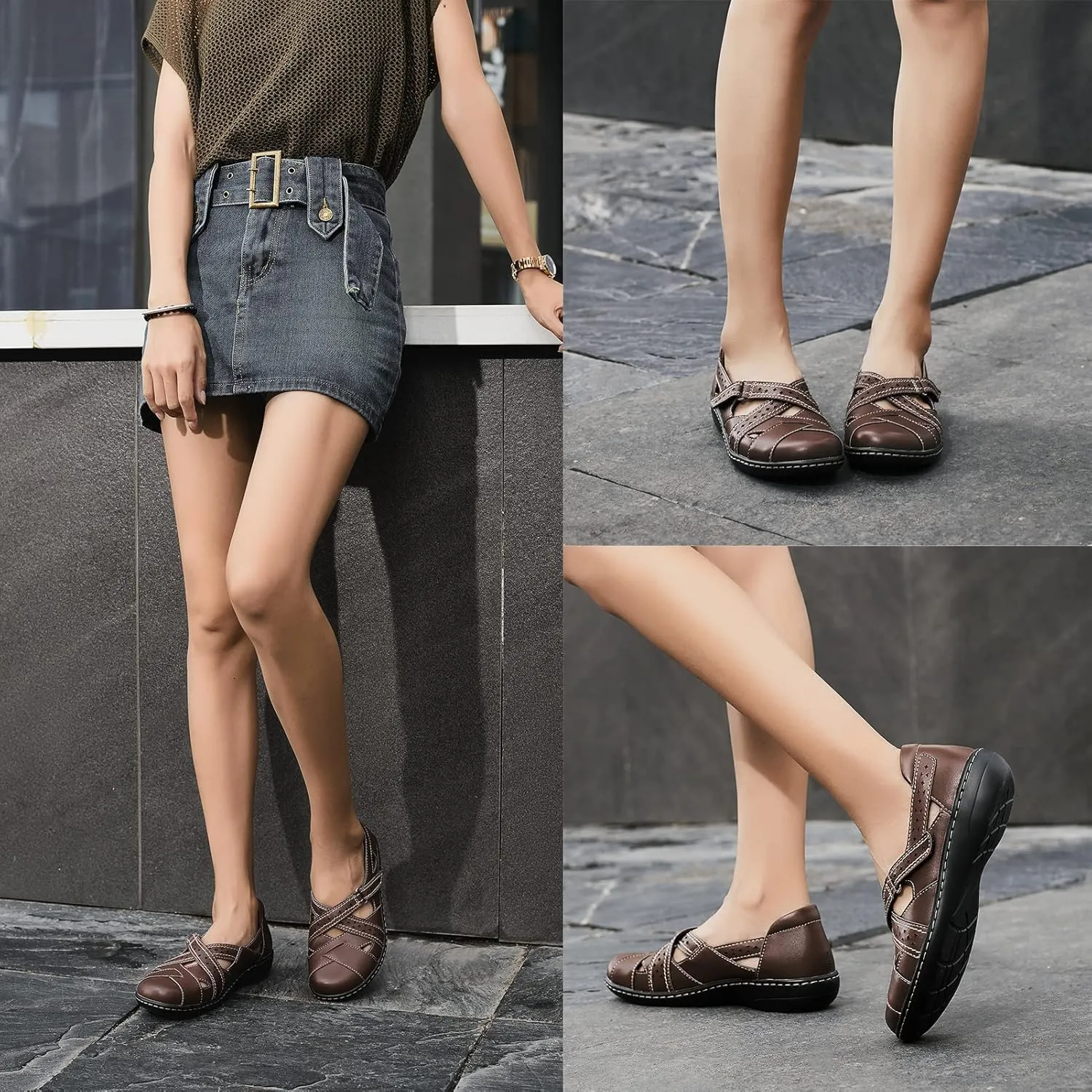 Everyday Walking Shoe Irrefour Women's Classic Genuine Leather Casual Loafer Cute Slip-On Fashion illusion syntactic insoluble landlord shift Closed Toe Flat Sandal Comfy Work Sandal 