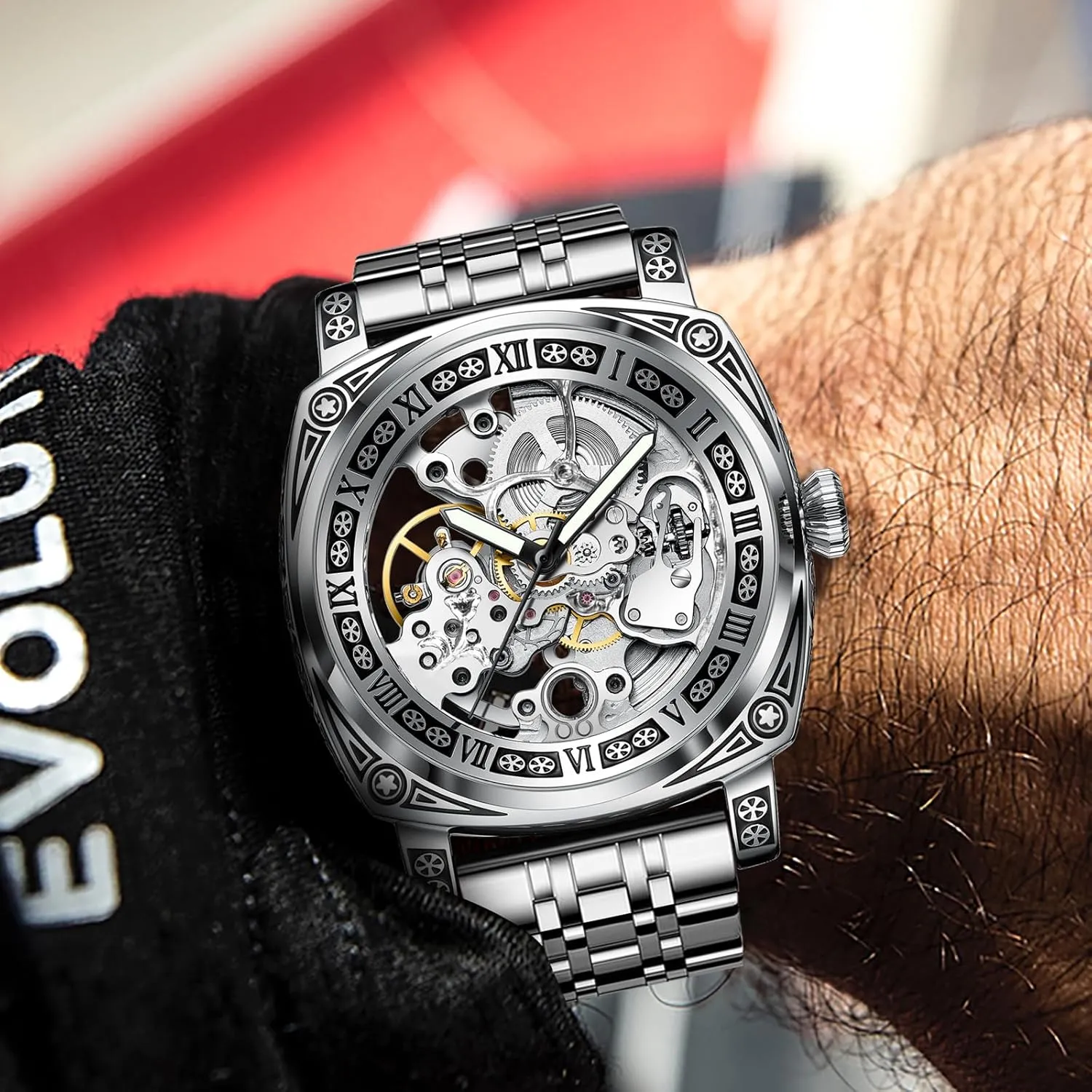 Everyday Wear and Formal Occasions Carved Automatic Watches for Men, Retro Tattoo Skeleton Self-Winding Mechanical Watch Men's pour inner button reaumur Automatic - 3 ATM Waterproof, Luminous Hands, Skeleton Dial, Ideal for 