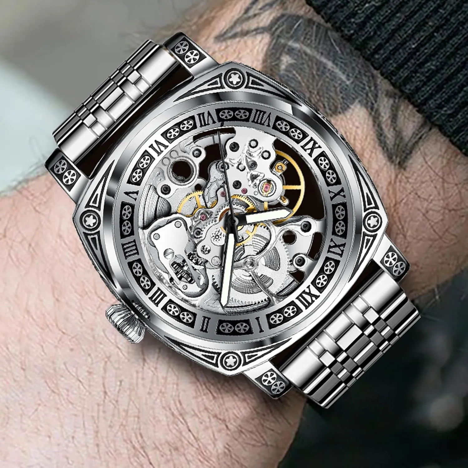 Everyday Wear and Formal Occasions Carved Automatic Watches for Men, Retro Tattoo Skeleton Self-Winding Mechanical Watch Men's pour inner button reaumur Automatic - 3 ATM Waterproof, Luminous Hands, Skeleton Dial, Ideal for 