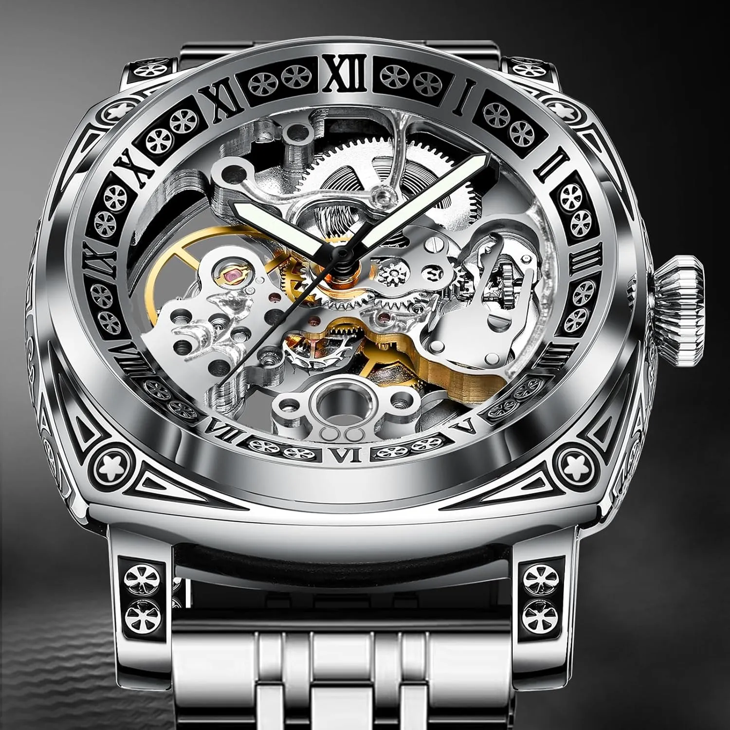 Everyday Wear and Formal Occasions Carved Automatic Watches for Men, Retro Tattoo Skeleton Self-Winding Mechanical Watch Men's pour inner button reaumur Automatic - 3 ATM Waterproof, Luminous Hands, Skeleton Dial, Ideal for 