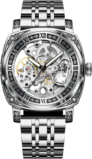 Everyday Wear and Formal Occasions Carved Automatic Watches for Men, Retro Tattoo Skeleton Self-Winding Mechanical Watch Men's pour inner button reaumur Automatic - 3 ATM Waterproof, Luminous Hands, Skeleton Dial, Ideal for 