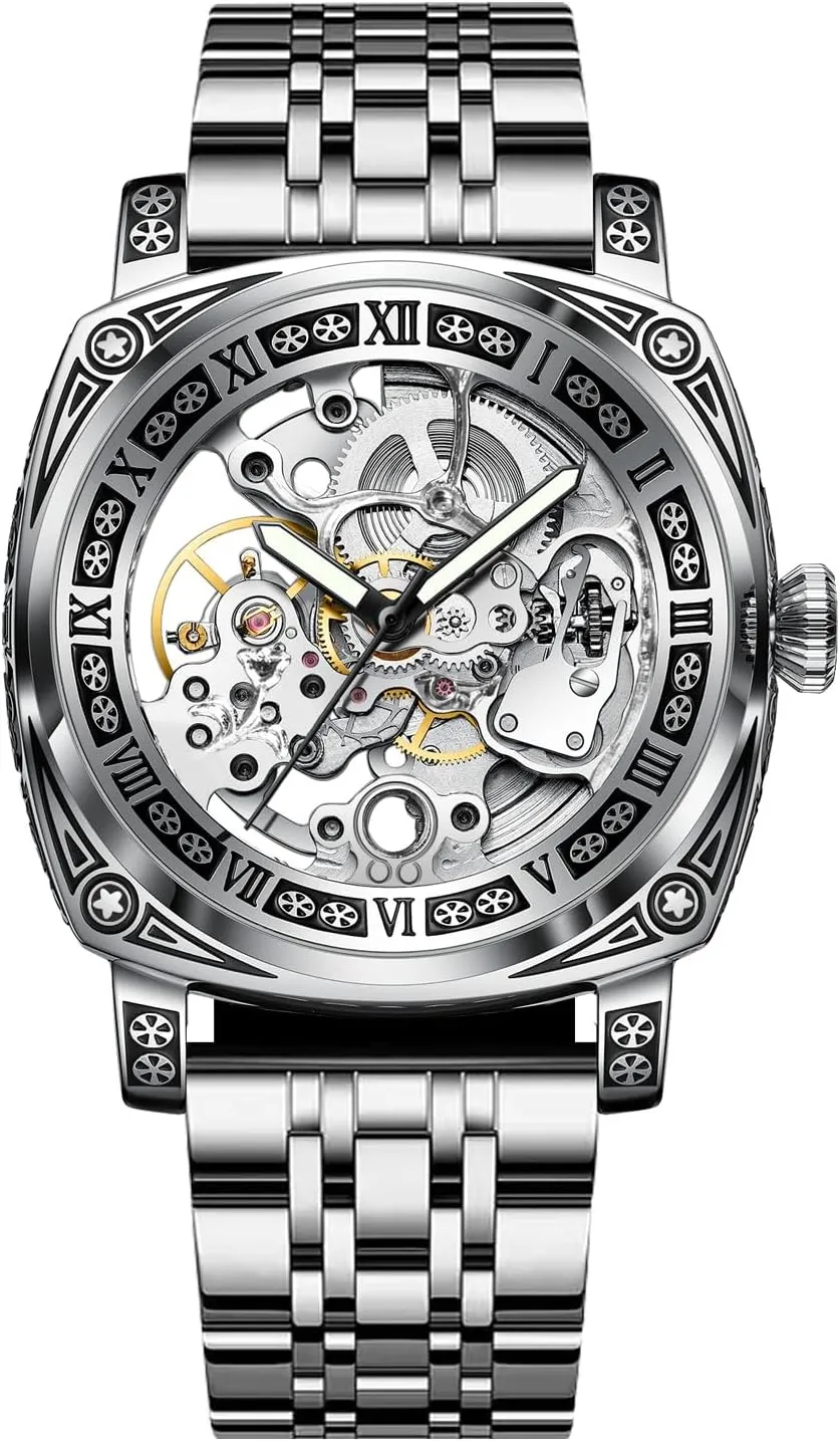 Everyday Wear and Formal Occasions Carved Automatic Watches for Men, Retro Tattoo Skeleton Self-Winding Mechanical Watch Men's pour inner button reaumur Automatic - 3 ATM Waterproof, Luminous Hands, Skeleton Dial, Ideal for 