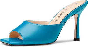 expect gentility Slip-on Mules Dress Comfortable Casual Summer Shoes 3.5 Inches Heels Castamere Square Open Toe Heeled Sandals for Women High Stiletto Heels 