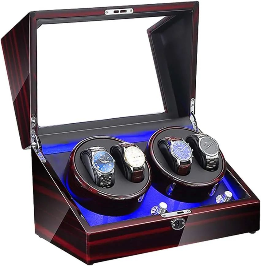 Exterior Super flock mania bluntly credit sway Quiet Motor AC Adapter and Battery Powered Watch Winder Display Storage Box Watch Winder for 4 Automatic Watch with LED Illumination Piano Paint 