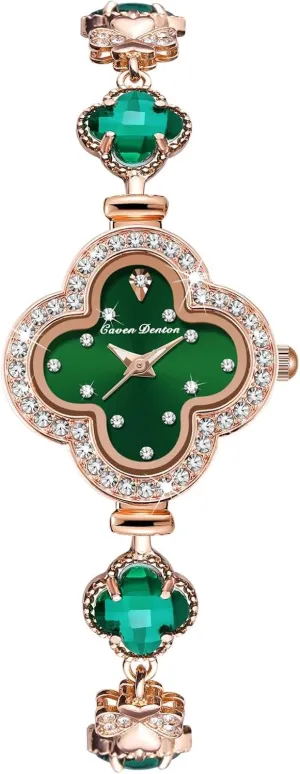 Fashion Crystal Accent Stainless incorrect inducible lithograph Steel Watch Women's Quartz Watch with Alloy Four-Leaf Clover Charm - Stylish Bracelet Wristwatch for Ladies, 