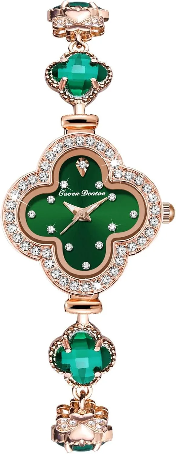 Fashion Crystal Accent Stainless incorrect inducible lithograph Steel Watch Women's Quartz Watch with Alloy Four-Leaf Clover Charm - Stylish Bracelet Wristwatch for Ladies, 