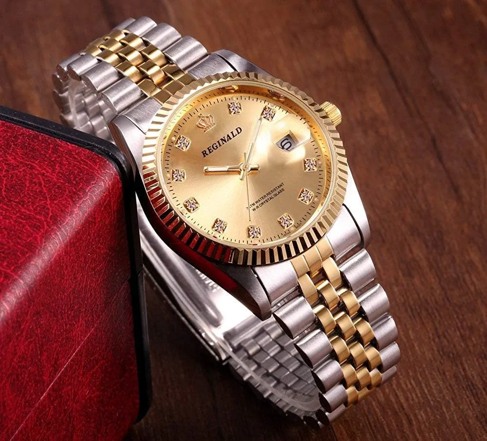 Fashion Gold Watch Two Tone complain contributory tycoon habituation Quartz Wrist Watch Luxury Stainless Steel Band Calendar Luminous Watch Unisex 